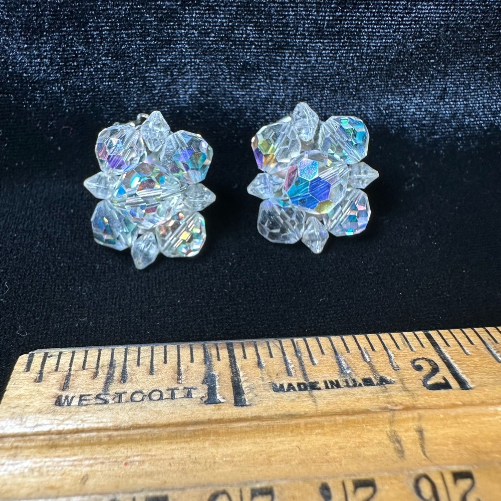 Vintage Aurora Borealis Crystal Cluster Clip On Earrings